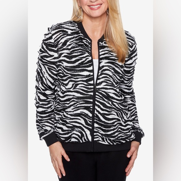 Alfred Dunner Upper East Side Zebra Print Bomber zip up Jacket - Picture 1 of 14